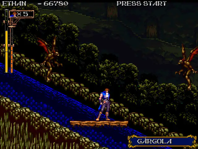 Ethan Graymont fighting gargoyles on a raft crossing a waterfall.