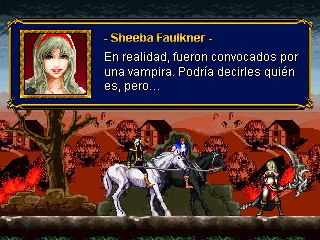 Sheeba Faulkner talking with Ethan and Fran about the monsters attacking her village, this is the introduction to the Silver Night's Crusaders Demo