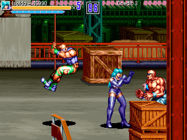Actualización de Neon Lightning Force en el almacén de los barrios bajos, se ven cajas de fondo y a un Bryan bajando por una cuerda.