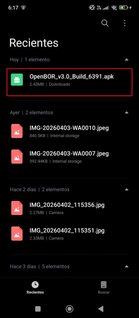 Android recent files directory, OpenBOR emulator APK highlighted in red.