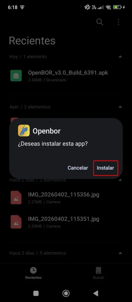 Android system preparing to install the OpenBOR APK, “Install” option highlighted in red.