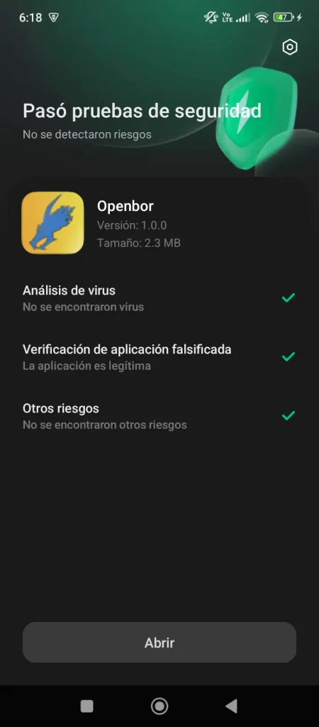 Android system confirming successful installation after security checks.
