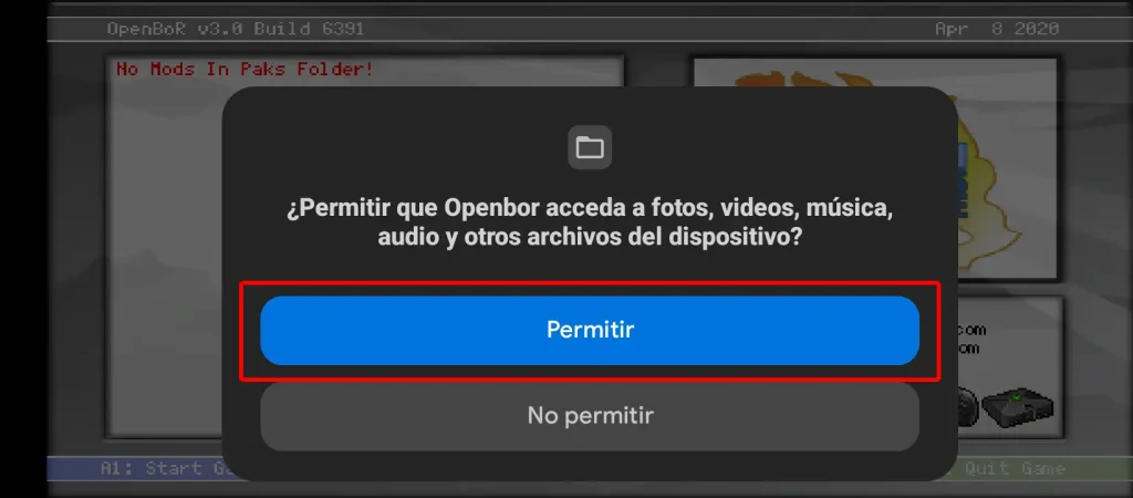 OpenBOR app requesting file access permissions, “Allow” option highlighted in red.