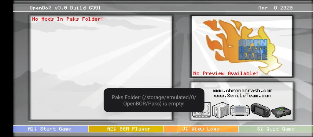 OpenBOR emulator showing “No Mods In Paks Folder!” message.