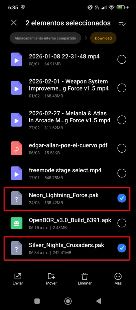 Recently downloaded OpenBOR game files, Neon Lightning Force and Silver Night’s Crusaders highlighted in red.