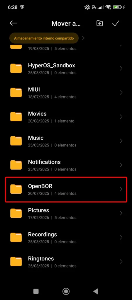 Android file directory with OpenBOR folder highlighted in red.
