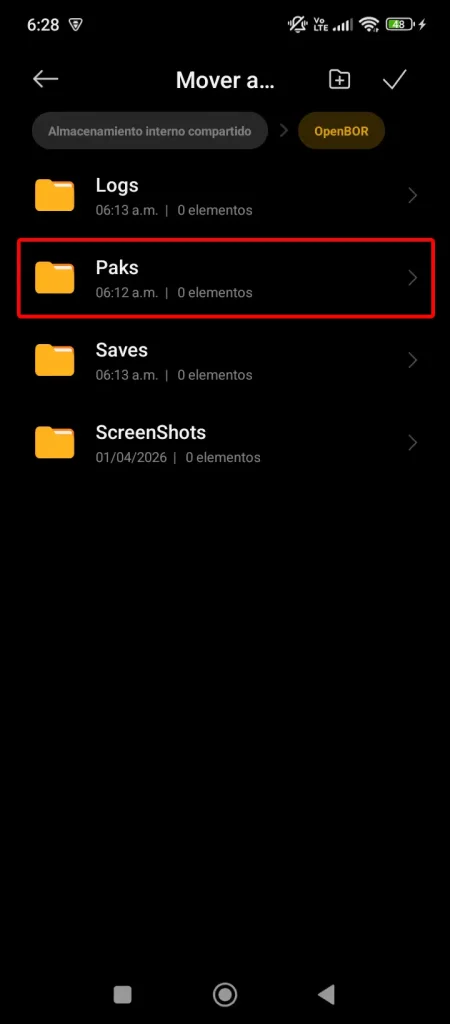 OpenBOR directory with “Paks” folder highlighted in red.