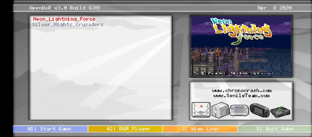 OpenBOR emulator showing multiple games ready to run.