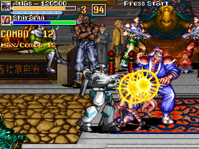 Atlas dando una paliza a los sicarios contratados por Vixor en la plaza central del Barrio Chino en Neon Lightning Force Versión 1.5