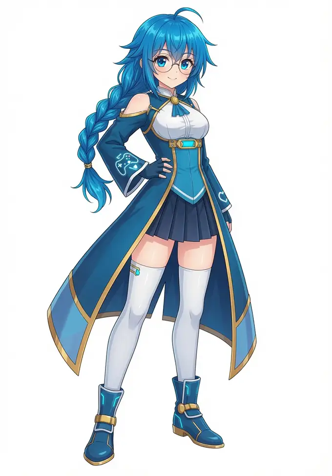 Concept art de Role-chan, la blog-tan de True Role Dreams, de cuerpo completo sobre fondo blanco.